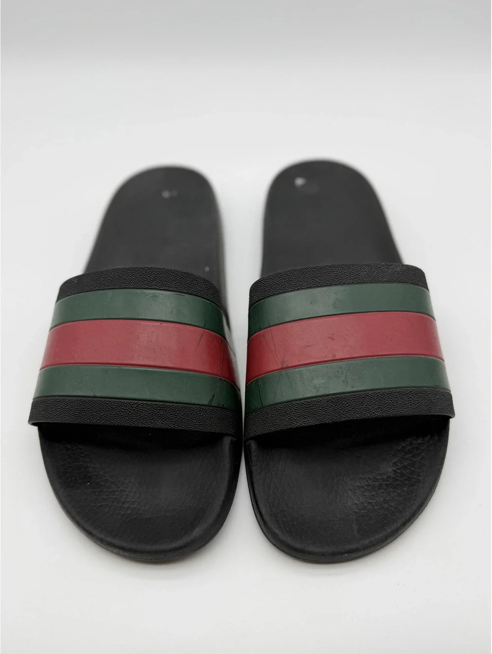 Gucci Men's Black Slide Sandals with Green and Red Stripes Size 11.5